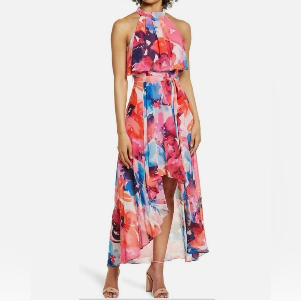 Eliza J Floral Halter Neck Popover Floral Maxi Dress Pink Multi Mock Size 10